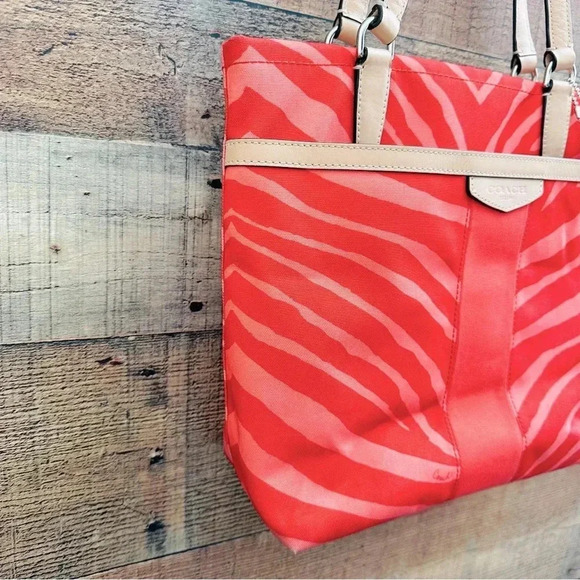 Coach Striped Zebra Print Tote Purse In Hot Coral - Picture 4 of 10